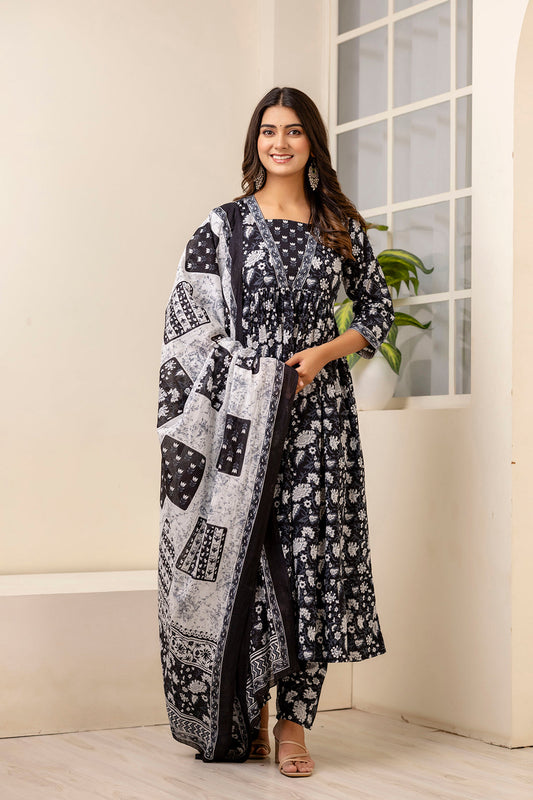 Women Black Ethnic Printed Anarkali Kurta And Trouser With Dupatta | LASVINI - Redefining Indian Fashion with Elegance