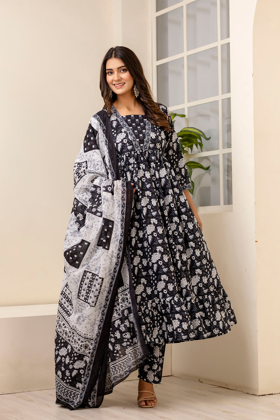 Women Black Ethnic Printed Anarkali Kurta And Trouser With Dupatta | LASVINI - Redefining Indian Fashion with Elegance