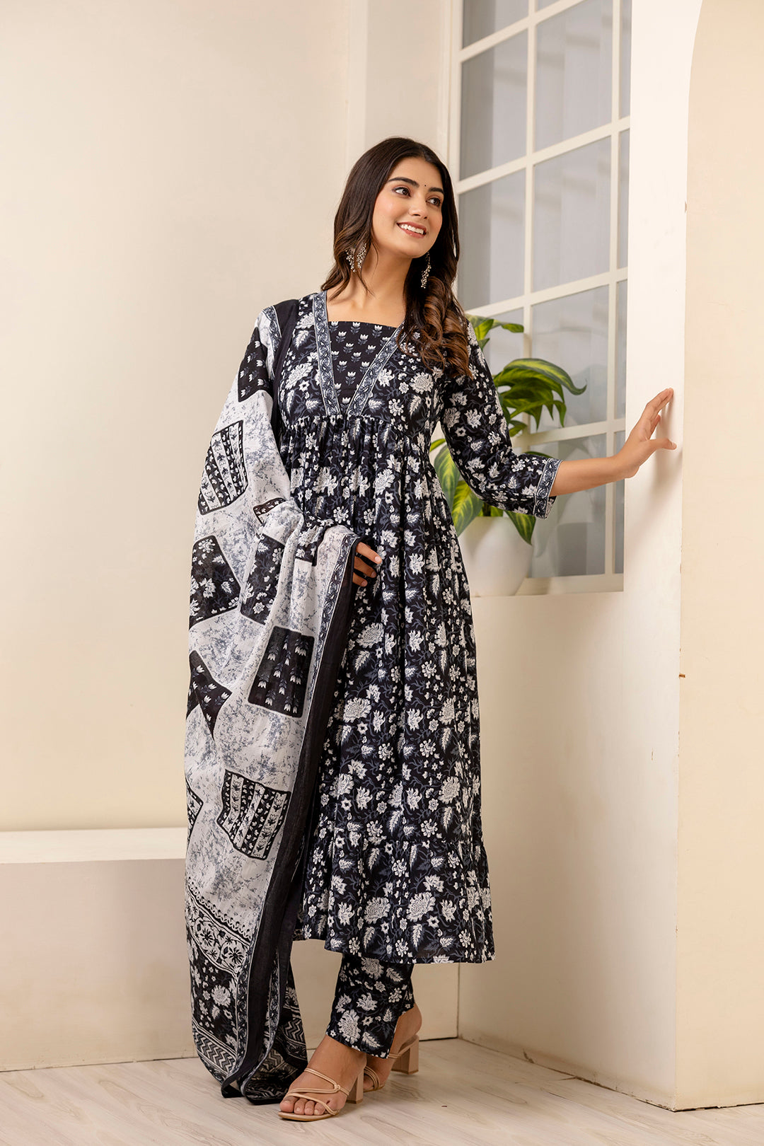 Women Black Ethnic Printed Anarkali Kurta And Trouser With Dupatta | LASVINI - Redefining Indian Fashion with Elegance
