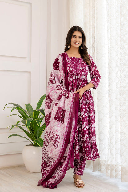 Women Purple Ethnic Printed Anarkali Kurta And Trouser With Dupatta | LASVINI - Redefining Indian Fashion with Elegance