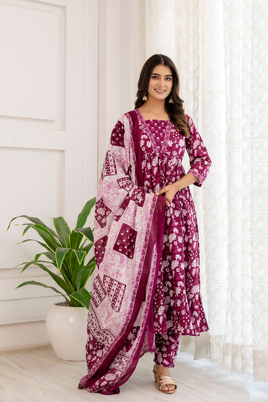 Women Purple Ethnic Printed Anarkali Kurta And Trouser With Dupatta | LASVINI - Redefining Indian Fashion with Elegance