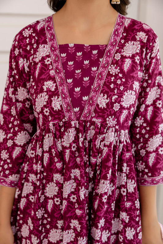 Women Purple Ethnic Printed Anarkali Kurta And Trouser With Dupatta | LASVINI - Redefining Indian Fashion with Elegance