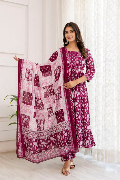 Women Purple Ethnic Printed Anarkali Kurta And Trouser With Dupatta | LASVINI - Redefining Indian Fashion with Elegance
