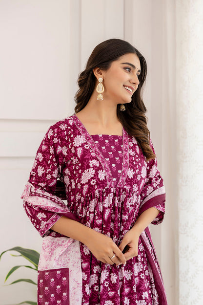 Women Purple Ethnic Printed Anarkali Kurta And Trouser With Dupatta | LASVINI - Redefining Indian Fashion with Elegance
