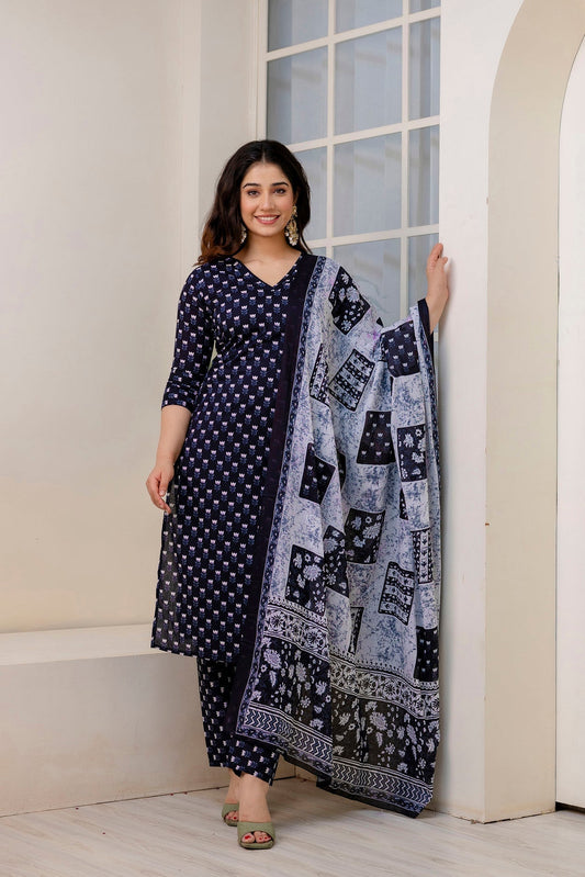 Women Black Ethnic Printed Kurta And Trouser With Dupatta | LASVINI - Redefining Indian Fashion with Elegance