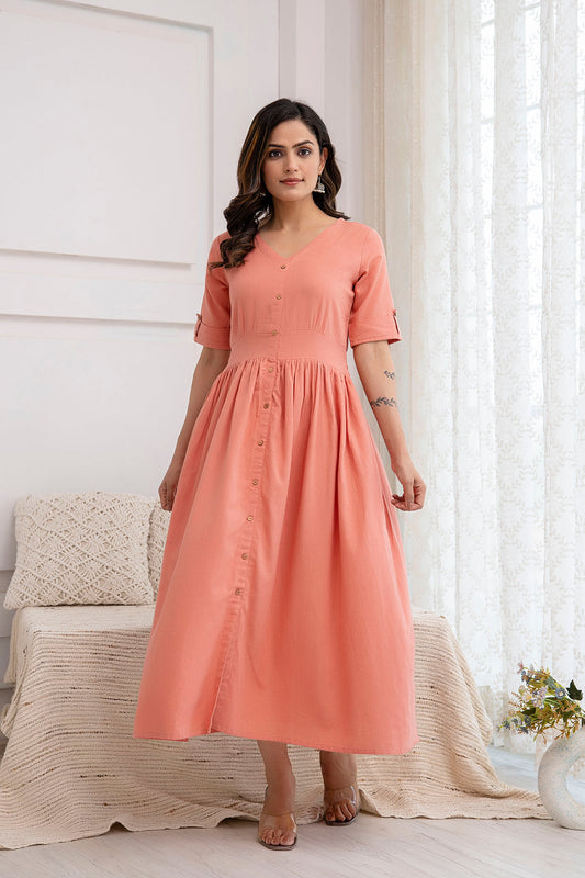 Women Solid Peach Color V- Neck Flared Dress | LASVINI - Redefining Indian Fashion with Elegance