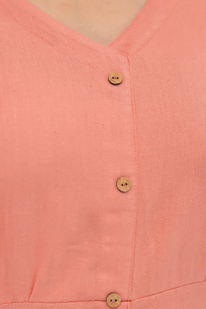 Women Solid Peach Color V- Neck Flared Dress | LASVINI - Redefining Indian Fashion with Elegance