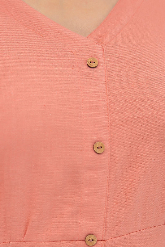 Women Solid Peach Color V- Neck Flared Dress | LASVINI - Redefining Indian Fashion with Elegance