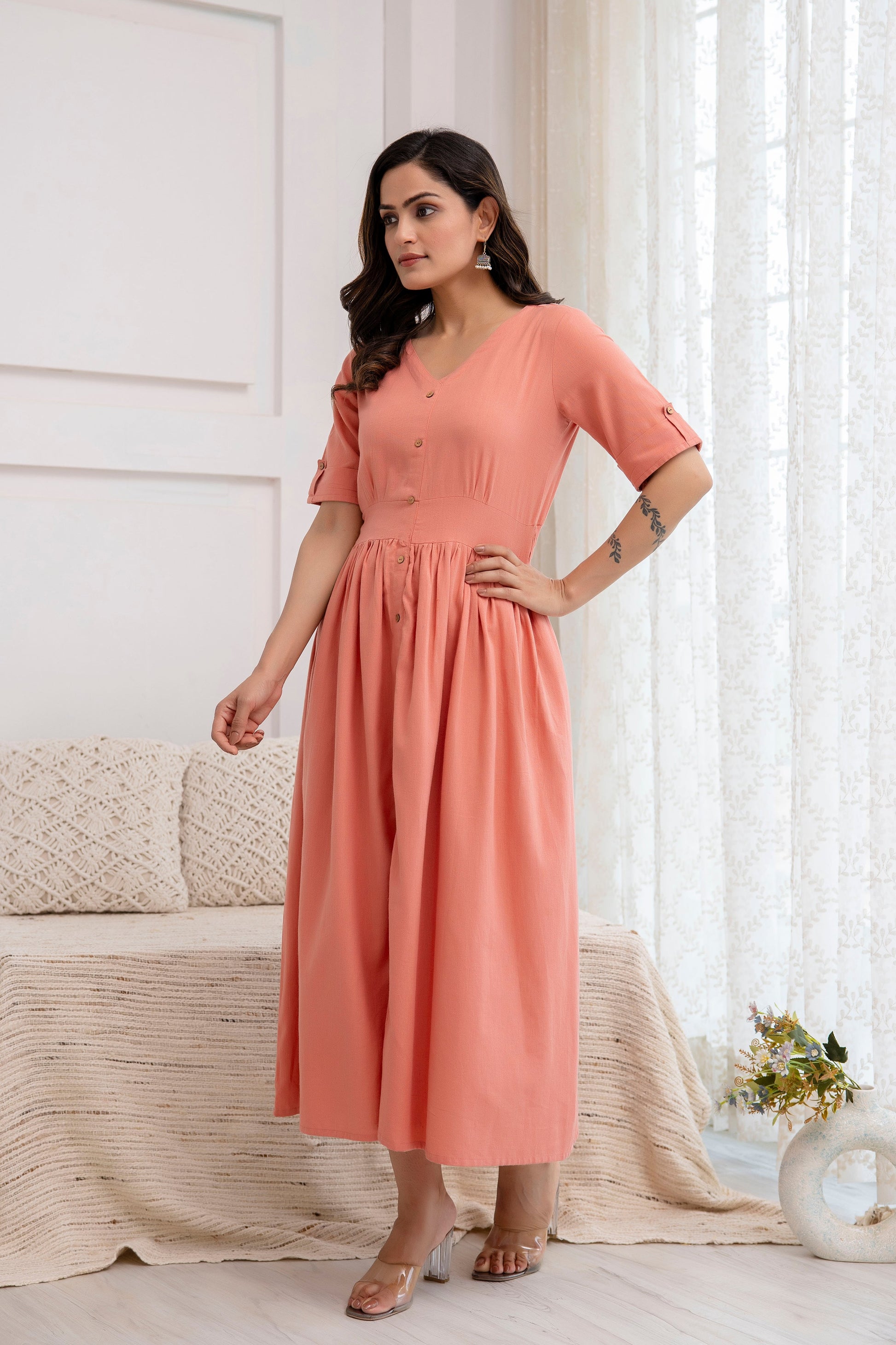 Women Solid Peach Color V- Neck Flared Dress | LASVINI - Redefining Indian Fashion with Elegance