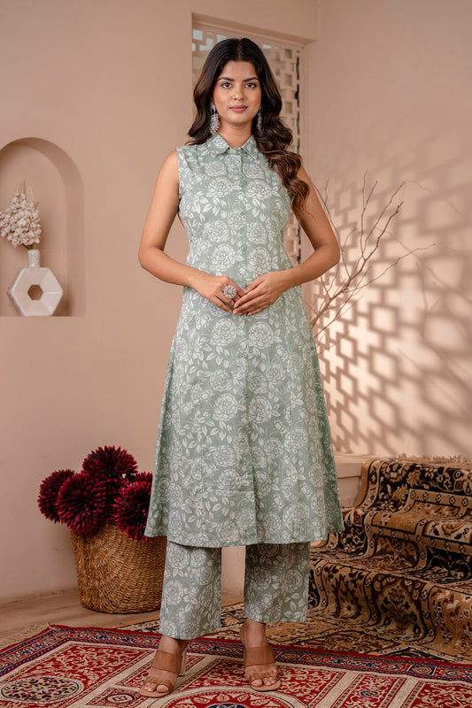 Women Green Printed A-Line Kurta With Trouser | LASVINI - Redefining Indian Fashion with Elegance