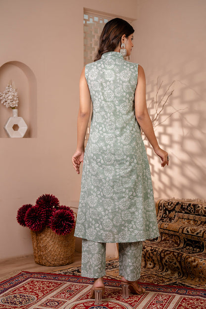 Women Green Printed A-Line Kurta With Trouser | LASVINI - Redefining Indian Fashion with Elegance
