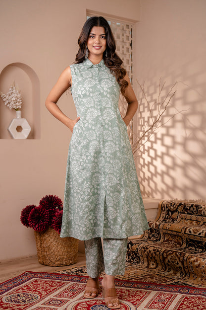 Women Green Printed A-Line Kurta With Trouser | LASVINI - Redefining Indian Fashion with Elegance