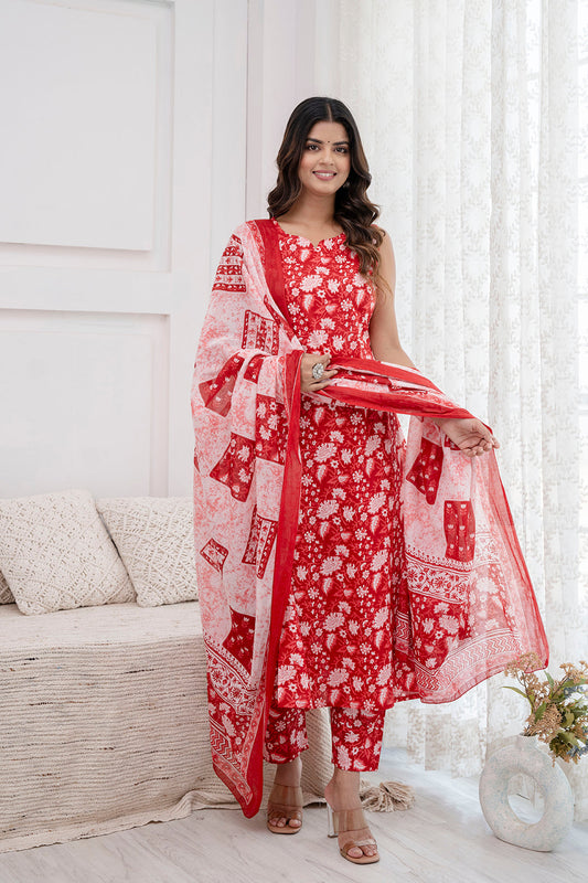 Women Red Printed Kurta With Trouser And Dupatta | LASVINI - Redefining Indian Fashion with Elegance