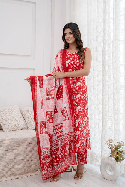 Women Red Printed Kurta With Trouser And Dupatta | LASVINI - Redefining Indian Fashion with Elegance