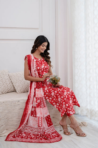 Women Red Printed Kurta With Trouser And Dupatta | LASVINI - Redefining Indian Fashion with Elegance