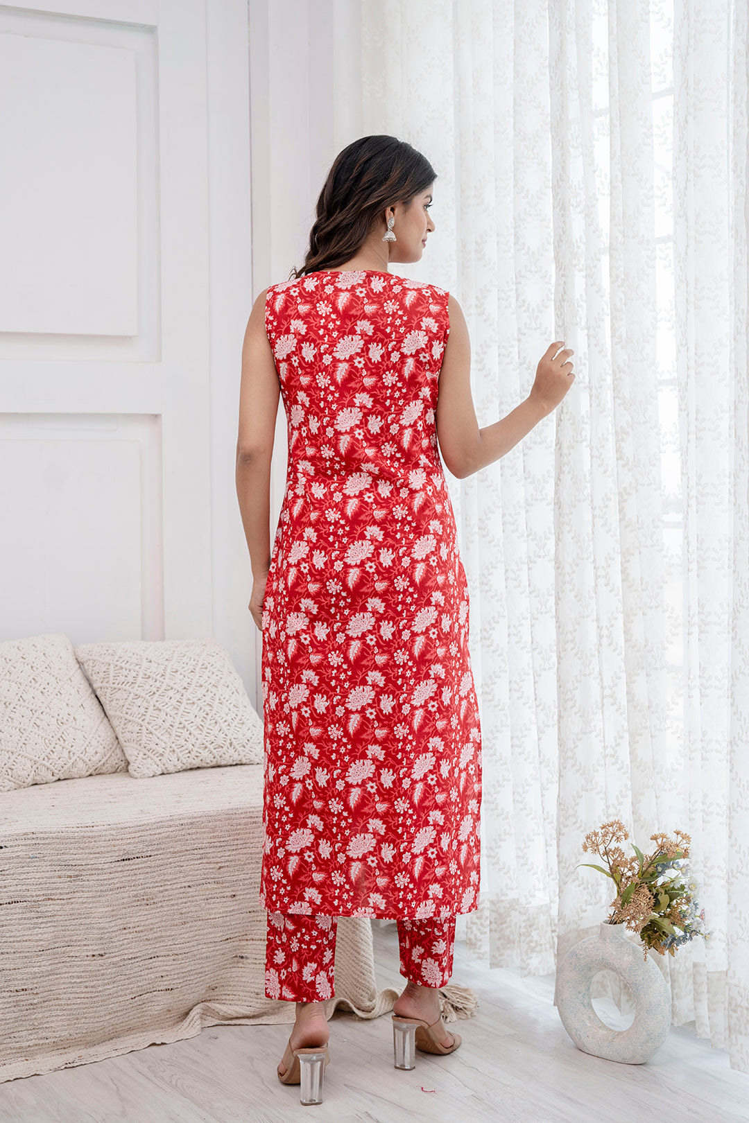 Women Red Printed Kurta With Trouser And Dupatta | LASVINI - Redefining Indian Fashion with Elegance