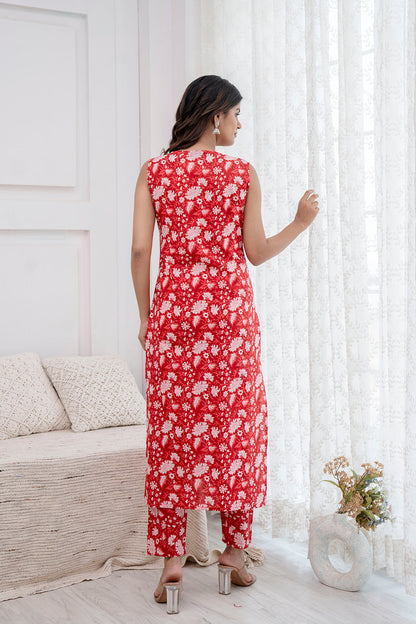 Women Red Printed Kurta With Trouser And Dupatta | LASVINI - Redefining Indian Fashion with Elegance