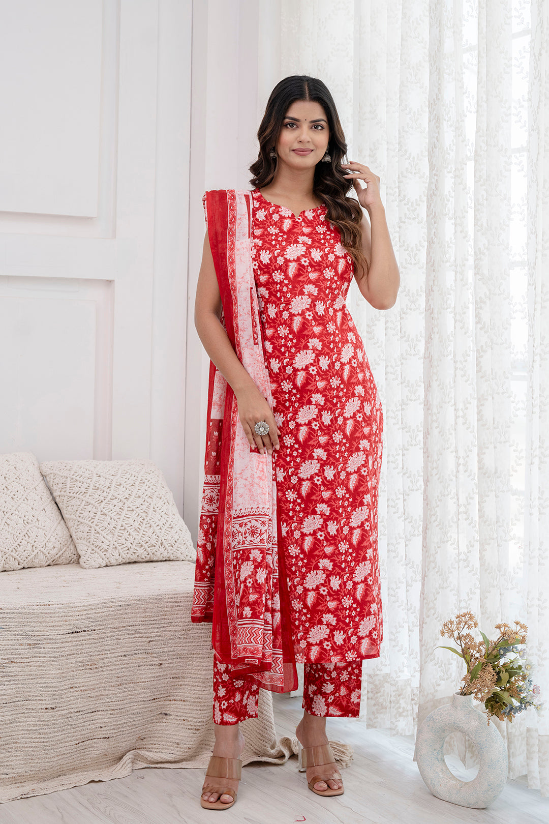 Women Red Printed Kurta With Trouser And Dupatta | LASVINI - Redefining Indian Fashion with Elegance