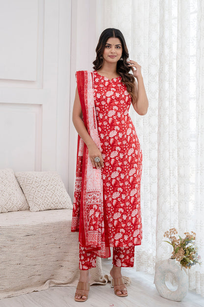Women Red Printed Kurta With Trouser And Dupatta | LASVINI - Redefining Indian Fashion with Elegance