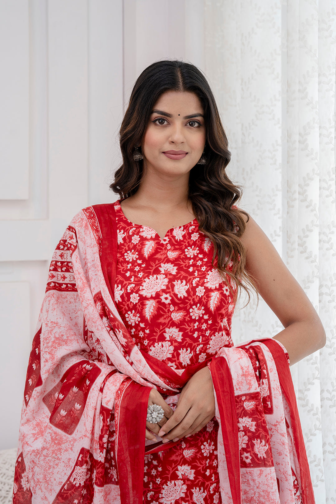 Women Red Printed Kurta With Trouser And Dupatta | LASVINI - Redefining Indian Fashion with Elegance