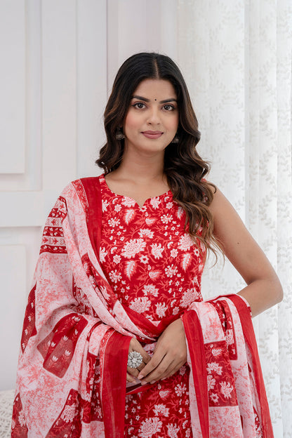 Women Red Printed Kurta With Trouser And Dupatta | LASVINI - Redefining Indian Fashion with Elegance