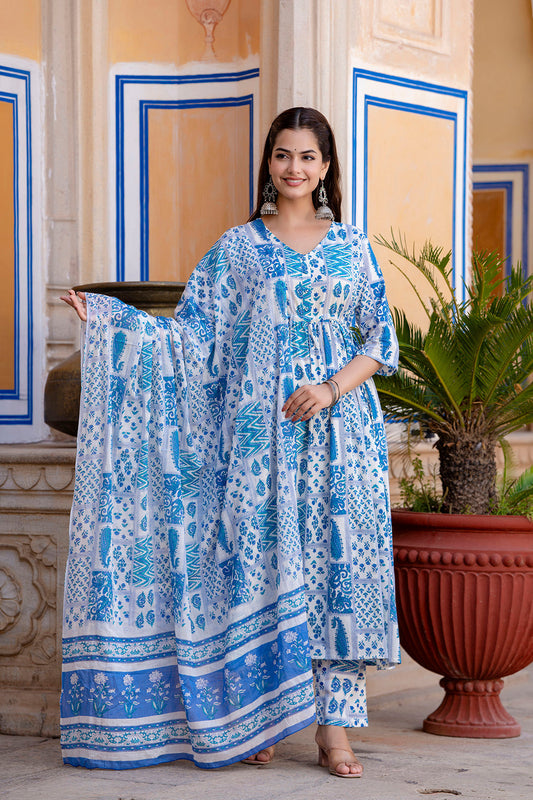Off White Printed Anarkali Kurta Set With Dupatta For Women | LASVINI - Redefining Indian Fashion with Elegance