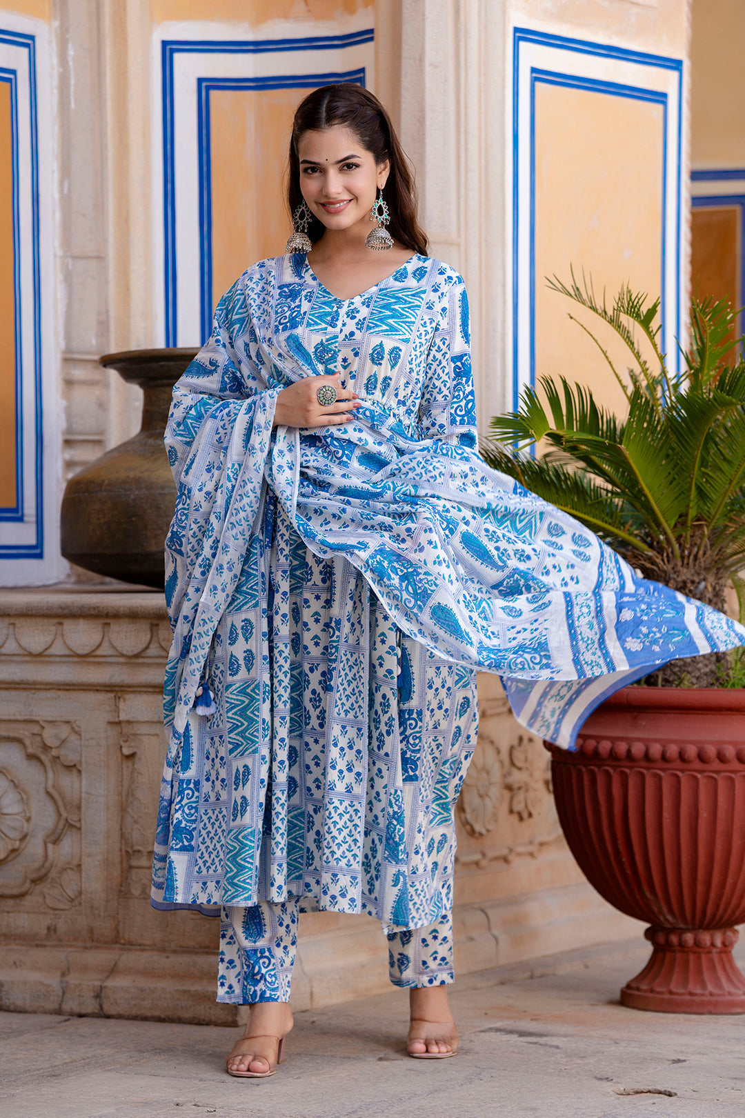 Off White Printed Anarkali Kurta Set With Dupatta For Women | LASVINI - Redefining Indian Fashion with Elegance
