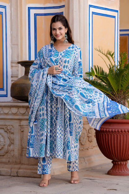 Off White Printed Anarkali Kurta Set With Dupatta For Women | LASVINI - Redefining Indian Fashion with Elegance