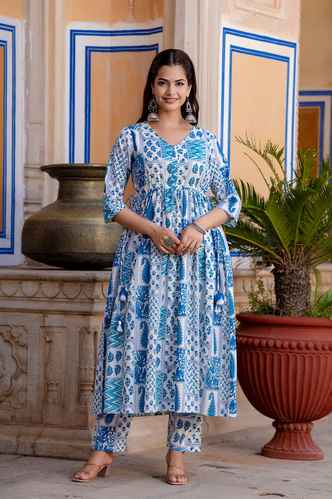 Off White Printed Anarkali Kurta Set With Dupatta For Women | LASVINI - Redefining Indian Fashion with Elegance