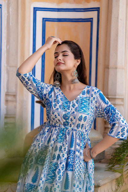 Off White Printed Anarkali Kurta Set With Dupatta For Women | LASVINI - Redefining Indian Fashion with Elegance
