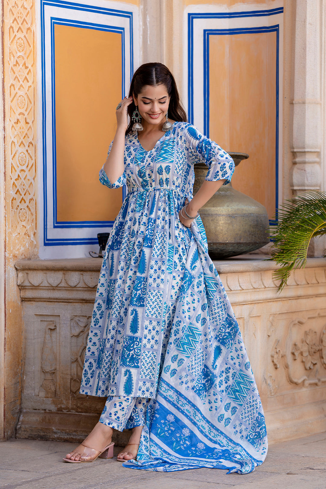 Off White Printed Anarkali Kurta Set With Dupatta For Women | LASVINI - Redefining Indian Fashion with Elegance