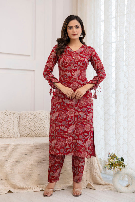 Women Maroon Printed Straight Kurta With Trouser | LASVINI - Redefining Indian Fashion with Elegance