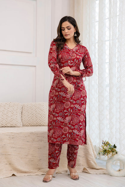 Women Maroon Printed Straight Kurta With Trouser | LASVINI - Redefining Indian Fashion with Elegance