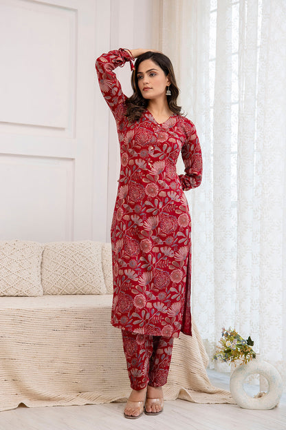 Women Maroon Printed Straight Kurta With Trouser | LASVINI - Redefining Indian Fashion with Elegance