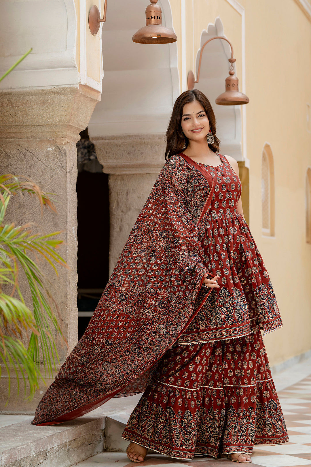 Maroon Printed Kurti And Sharara Set With Dupatta | LASVINI - Redefining Indian Fashion with Elegance