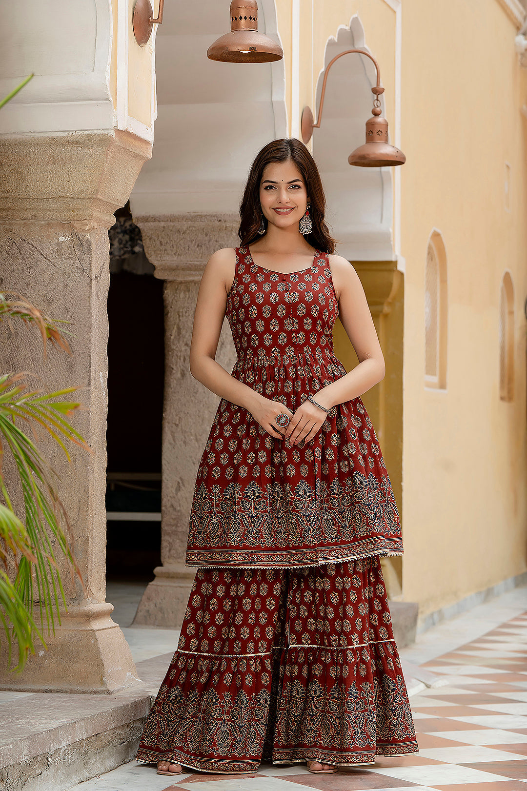 Maroon Printed Kurti And Sharara Set With Dupatta | LASVINI - Redefining Indian Fashion with Elegance