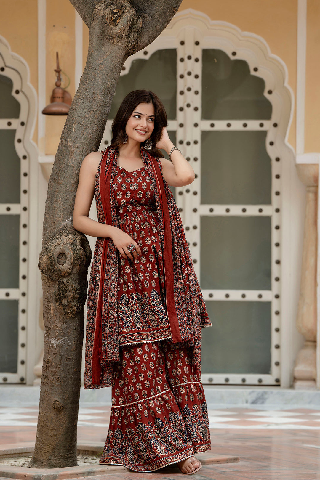 Maroon Printed Kurti And Sharara Set With Dupatta | LASVINI - Redefining Indian Fashion with Elegance