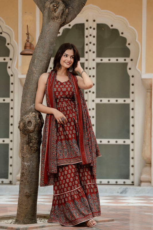 Maroon Printed Kurti And Sharara Set With Dupatta | LASVINI - Redefining Indian Fashion with Elegance