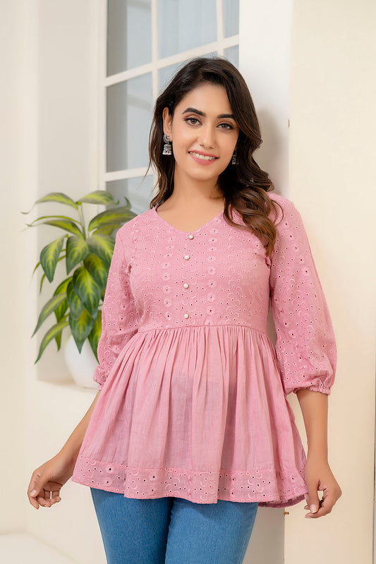 Pink Schiffli V-Neck Peplum Short Kurti | LASVINI - Redefining Indian Fashion with Elegance