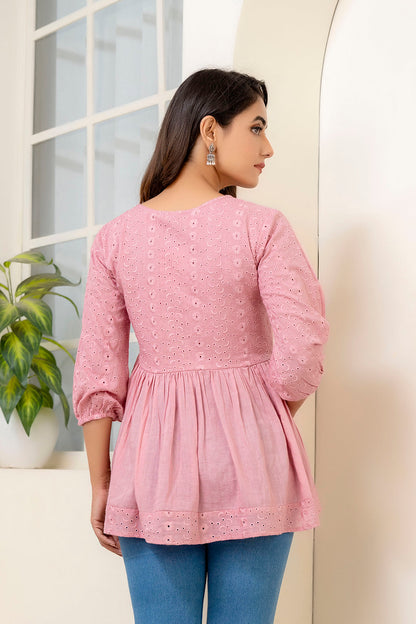 Pink Schiffli V-Neck Peplum Short Kurti | LASVINI - Redefining Indian Fashion with Elegance