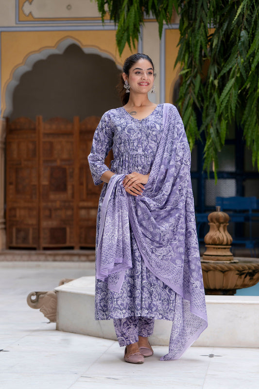 Purple Printed Anarkali Kurta Set With Dupatta For Women | LASVINI - Redefining Indian Fashion with Elegance