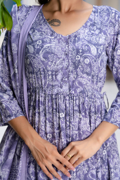 Purple Printed Anarkali Kurta Set With Dupatta For Women | LASVINI - Redefining Indian Fashion with Elegance