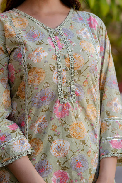 Women Green Printed Straight Kurta And Trouser With Dupatta | LASVINI - Redefining Indian Fashion with Elegance