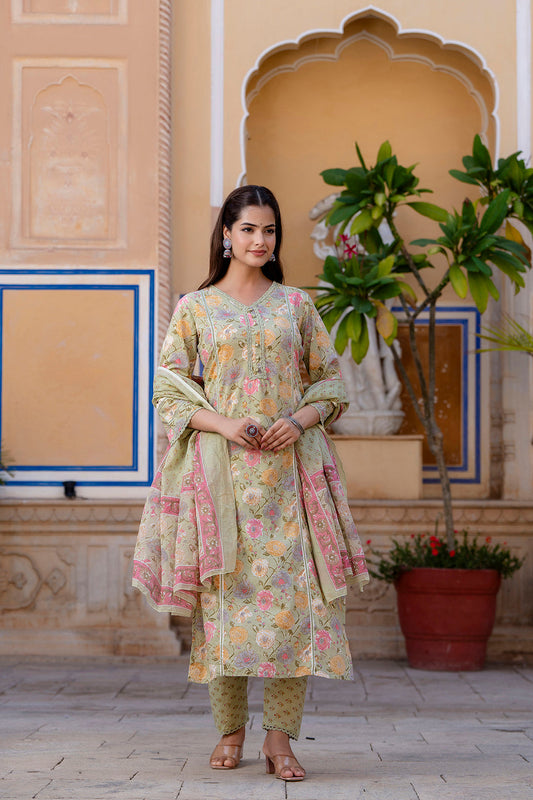 Women Green Printed Straight Kurta And Trouser With Dupatta | LASVINI - Redefining Indian Fashion with Elegance