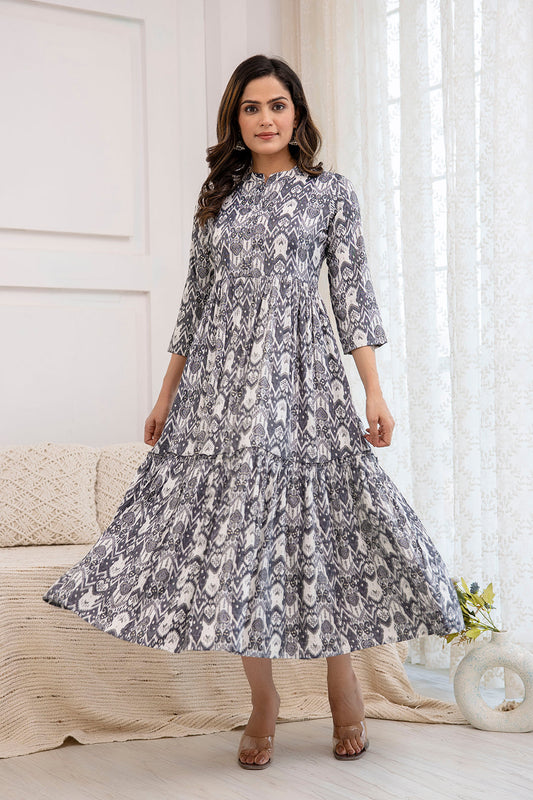 Women Grey Ethnic Printed Flared Dress | LASVINI - Redefining Indian Fashion with Elegance