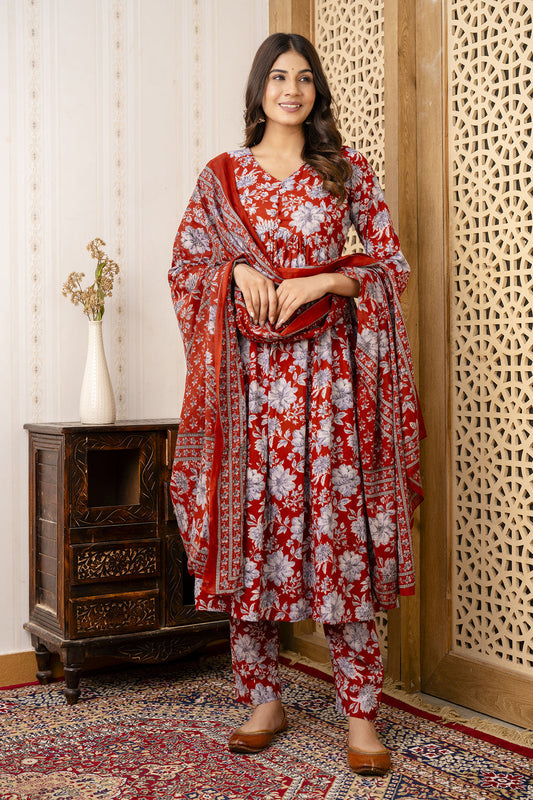 Women Maroon Floral Printed Anarkali Kurta And Trouser With Dupatta | LASVINI - Redefining Indian Fashion with Elegance