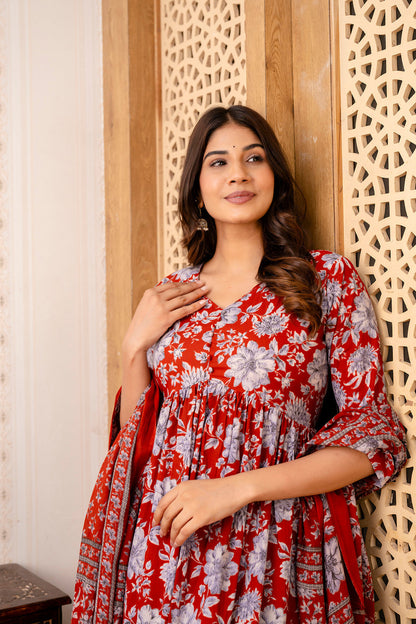 Women Maroon Floral Printed Anarkali Kurta And Trouser With Dupatta | LASVINI - Redefining Indian Fashion with Elegance