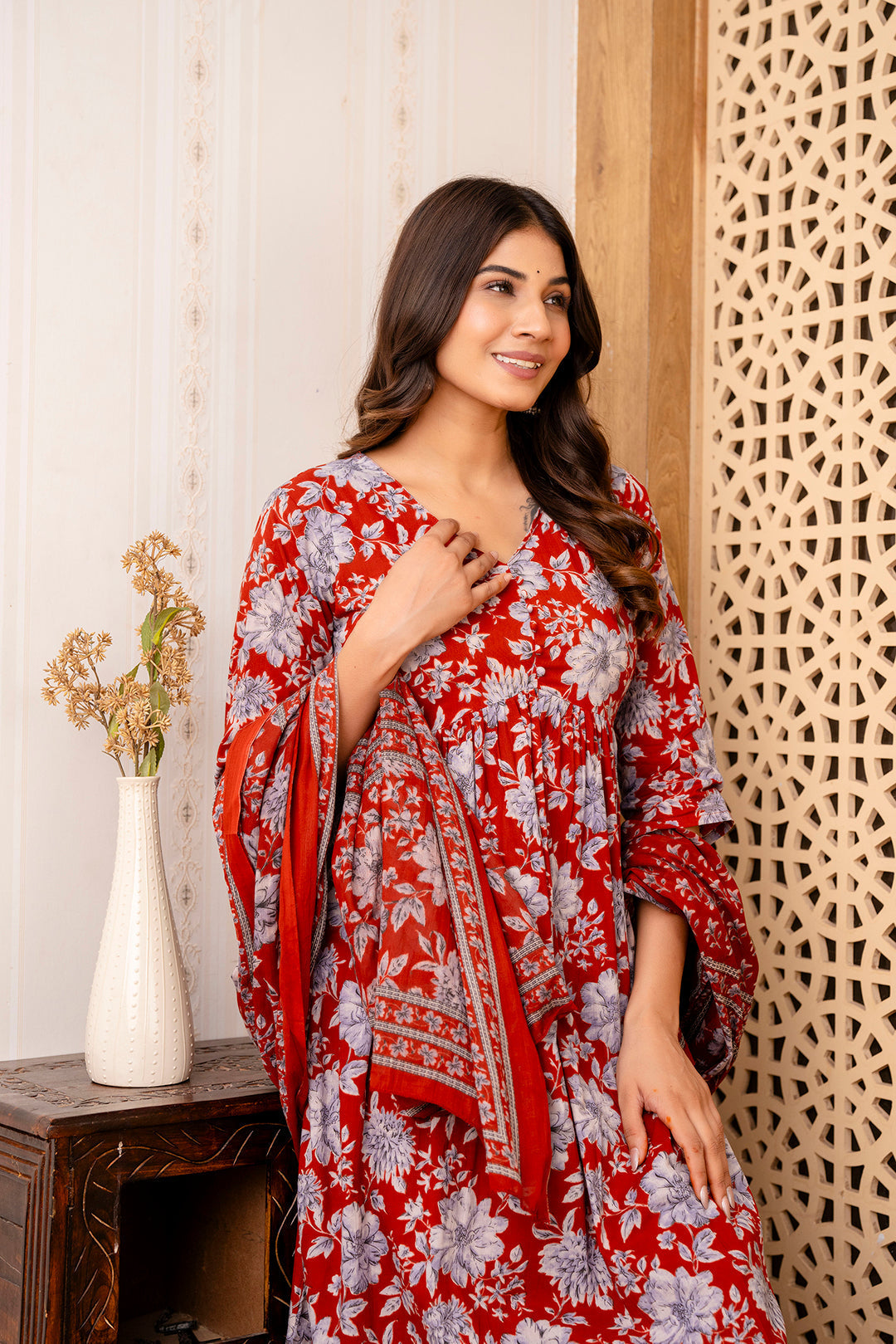 Women Maroon Floral Printed Anarkali Kurta And Trouser With Dupatta | LASVINI - Redefining Indian Fashion with Elegance