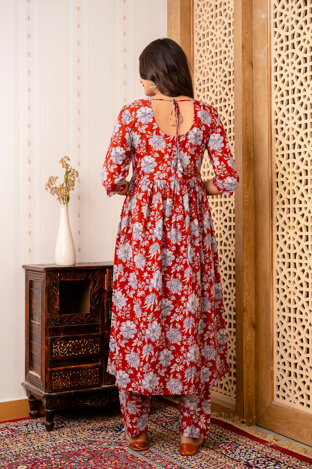 Women Maroon Floral Printed Anarkali Kurta And Trouser With Dupatta | LASVINI - Redefining Indian Fashion with Elegance