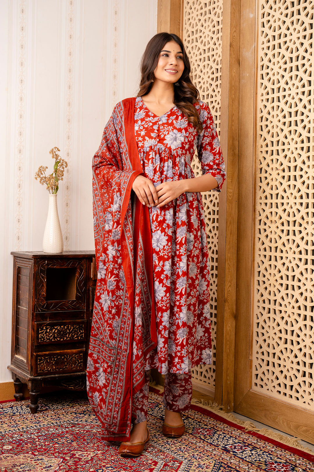Women Maroon Floral Printed Anarkali Kurta And Trouser With Dupatta | LASVINI - Redefining Indian Fashion with Elegance